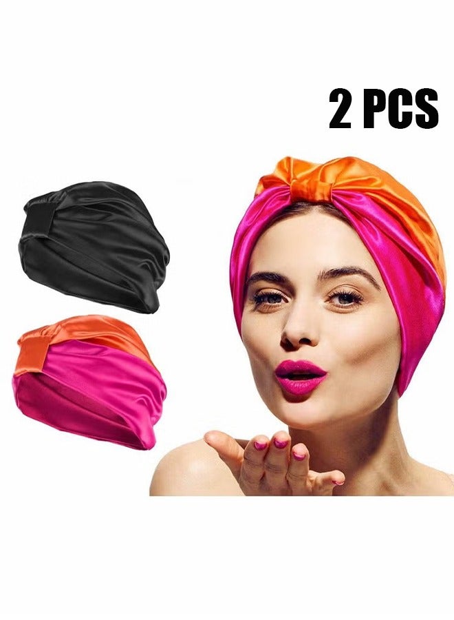 2Pcs Sleep Cap Turban Hat Non slip Elastic Silk Bonnet, for Woman Girl Curly Long Hair, Satin Sleeping Cap for Hair Women, Oversized Design for All Length Thick Curly Hair