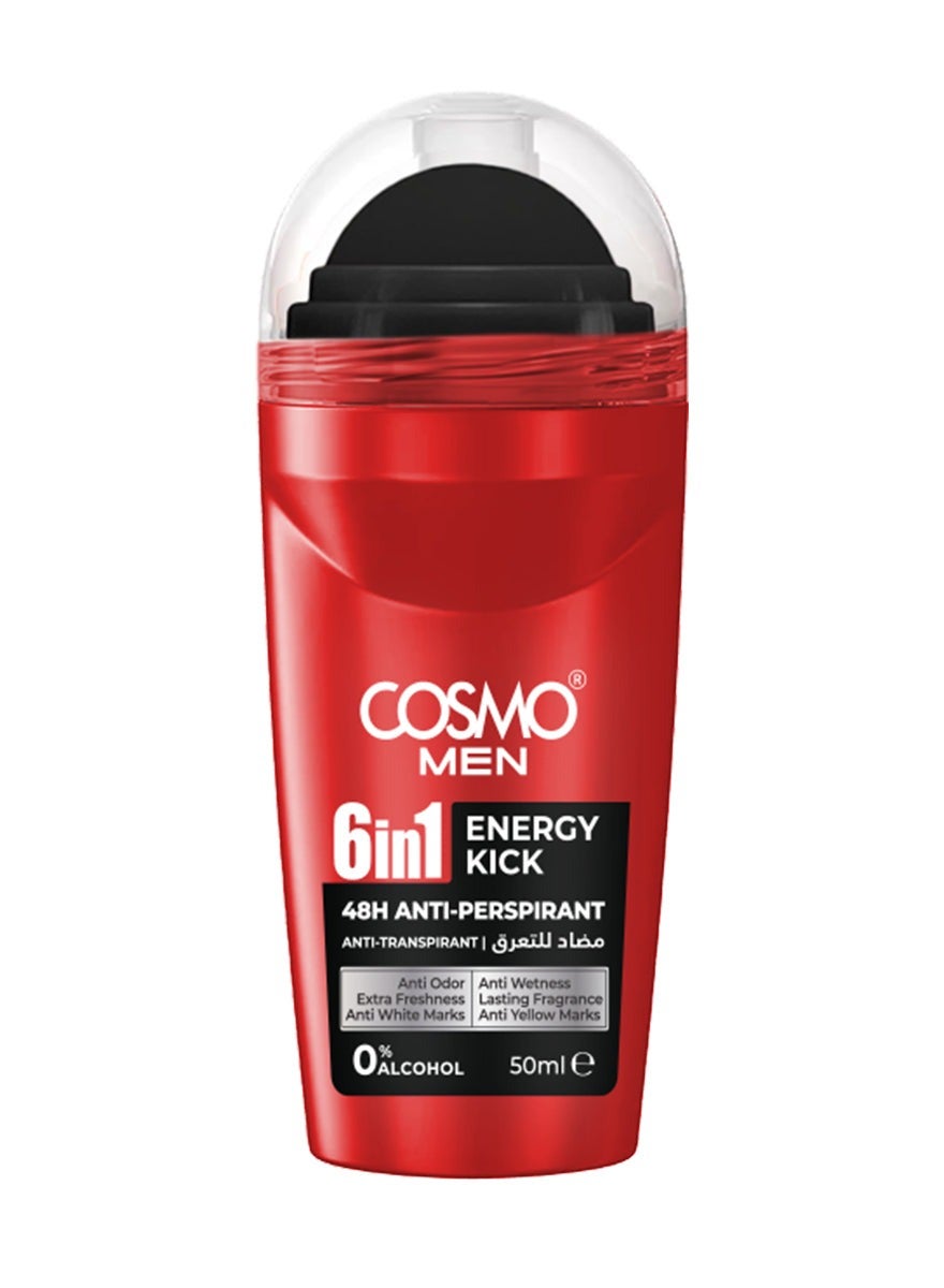 Cosmo Men Skin Care 6 In 1 Energy Kick Antiperspirant Roll On 50ml, 48H Protection, Anti-Transpirant, Alcohol Free