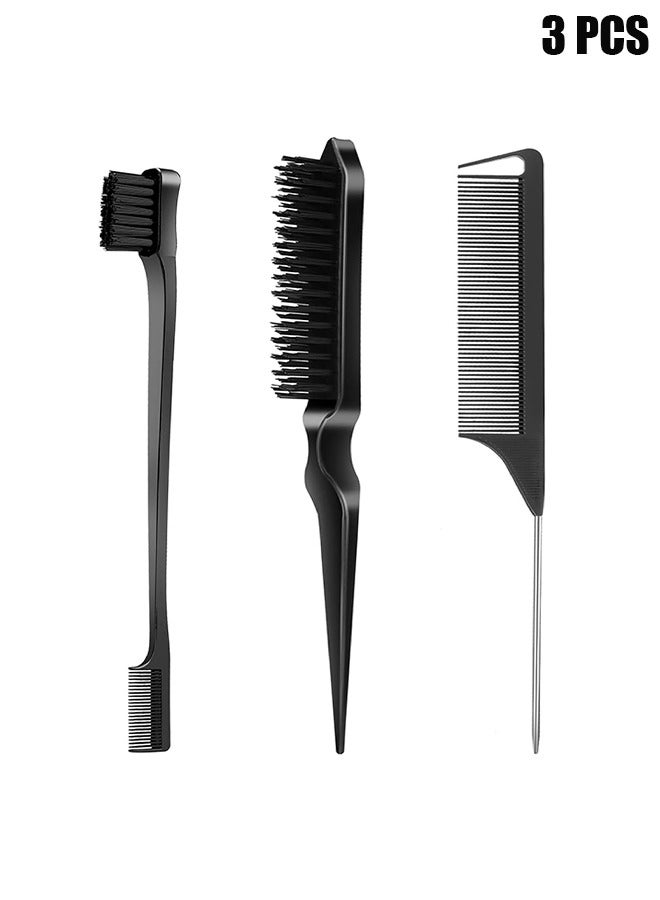 3 Pcs Slick Back Hair Brush Set with Edge Brush, Bristle Brush, Rat Tail Comb, Teasing Brush Set for Smoothing Baby Hair & Flyaways - Black