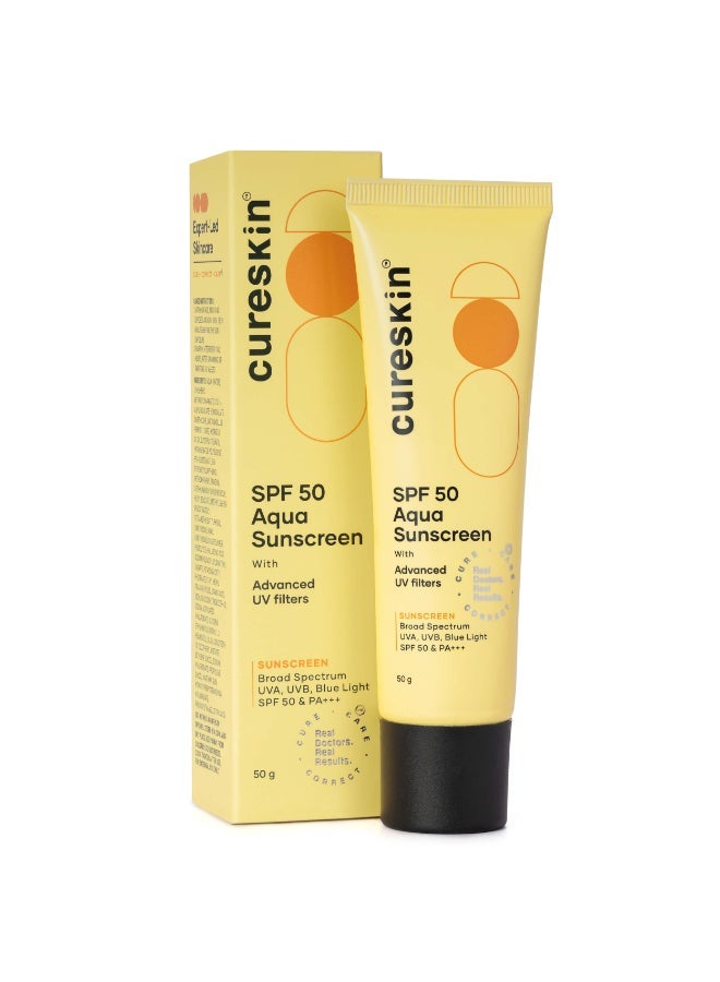 Cureskin SPF 50 Aqua Sunscreen with Advanced UV Filters | Broad Spectrum Sun, UVA, UVB, Blue Light Protection, SPF 50 & PA+++, 50 g (Pack of 1)