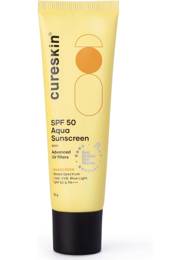 Cureskin SPF 50 Aqua Sunscreen with Advanced UV Filters | Broad Spectrum Sun, UVA, UVB, Blue Light Protection, SPF 50 & PA+++, 50 g (Pack of 1)