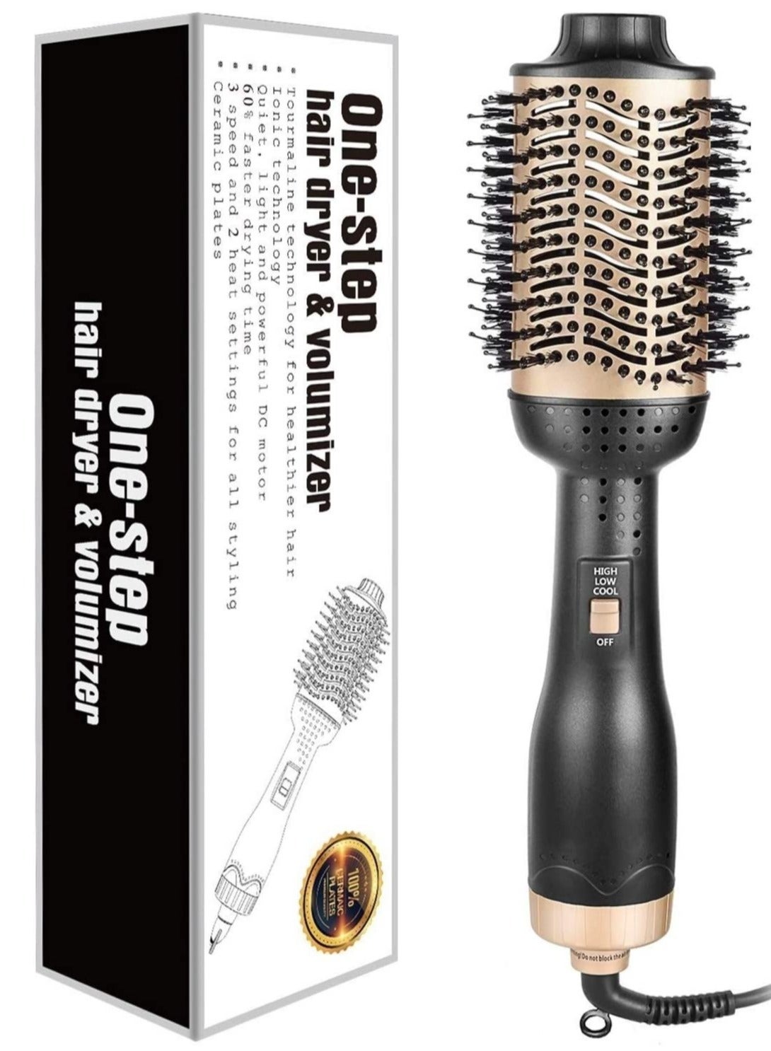 Professional One Step Hair Dryer Brush Volumizer Straightener Negative Ion Hot Air Brushes Curling Iron Salon Rotating (Color : Gold, Size : 14 * 4 Inch)