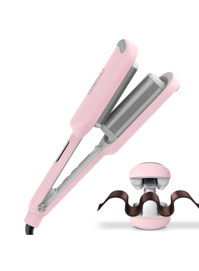 Curling Iron Hair Crimper Waver - TYMO ROVY Beach Waves Curling Wand, Ionic Deep Waver Hair Curler Tool with Ceramic 3 Barrel for Women, Dual Voltage, Anti-Scald, Easy to Use, Pink, 1.25 Inch