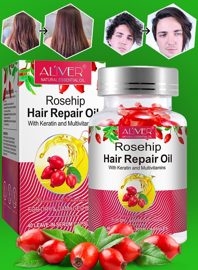 40 Pcs Rosehip Hair Repair Oil Capsules Organic Rosehip Seed Oil with Keratin & Multivitamins Rosehip Hair Repair Oil Shines Nourishing Repair Dry & Damaged Hair Treatment Leave-In Serum