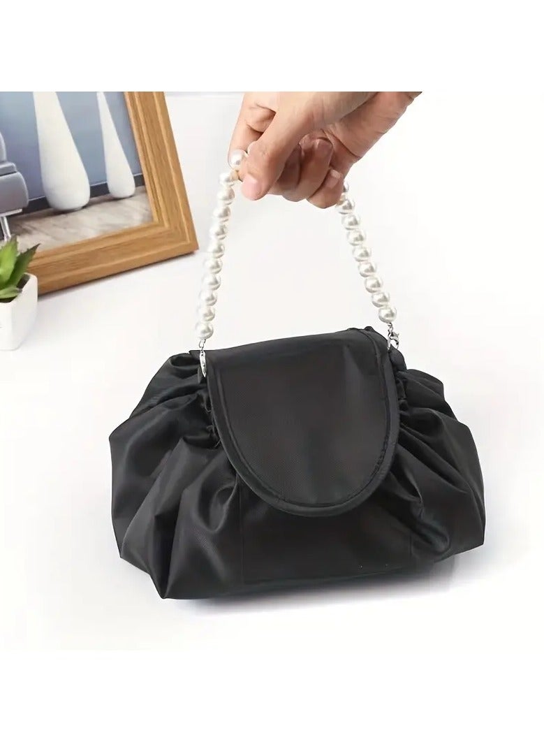 Makeup Bag Ruched Detail Drawstring Design Plain Toiletry Travel Bag ,Faux Pearl Decor Drawstring Cosmetic Bag