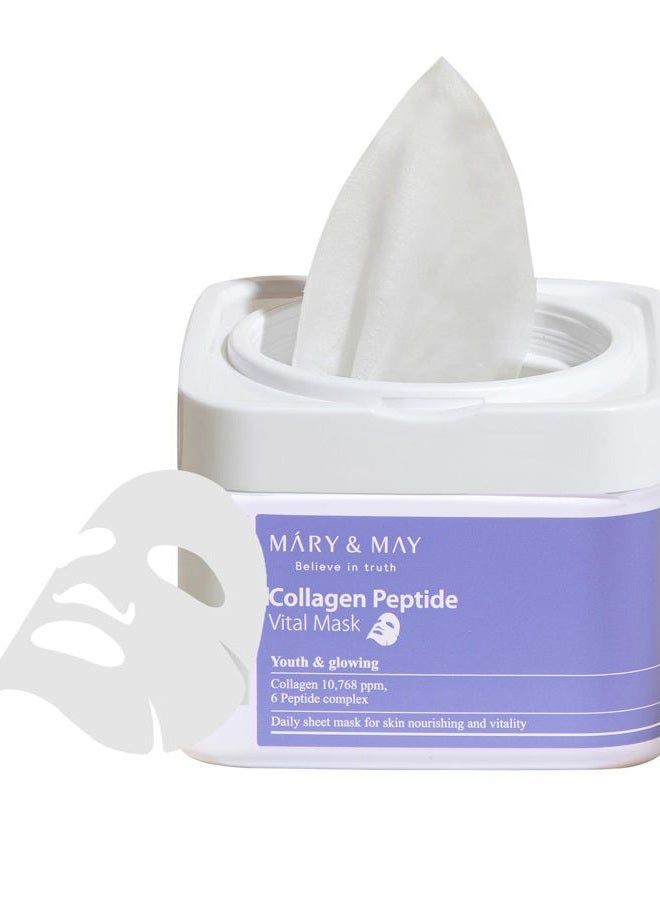Collagen Peptide Vital Mask | 30 Sheets | Daily Korean Face Mask | Firming & Wrinkle Care | Pore Minimizing & Elasticity Boost | Collagen & 6 Peptides for Glass Skin