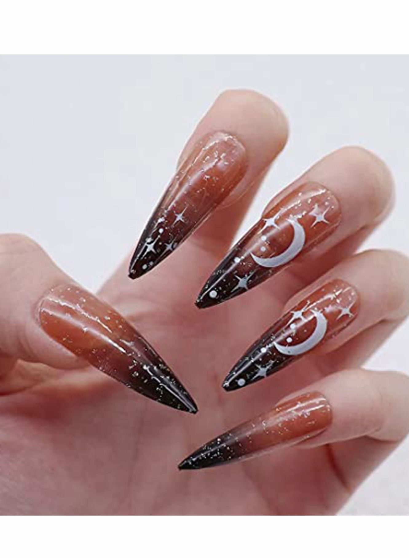 Fake Nails, 24pcs Stiletto Press on Nail Gradient Black Fake  Shiny Full Cover Artificial  Halloween False for Women and Girls