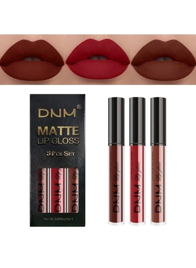 3Pcs Matte 24 hour Liquid Lipstick Sets Matte Dark Red Brown Permanent Stay on Lipstick Lip Set for Black Women Long Lasting 24 Hours Smudge Proof matte  larga duracion color 02