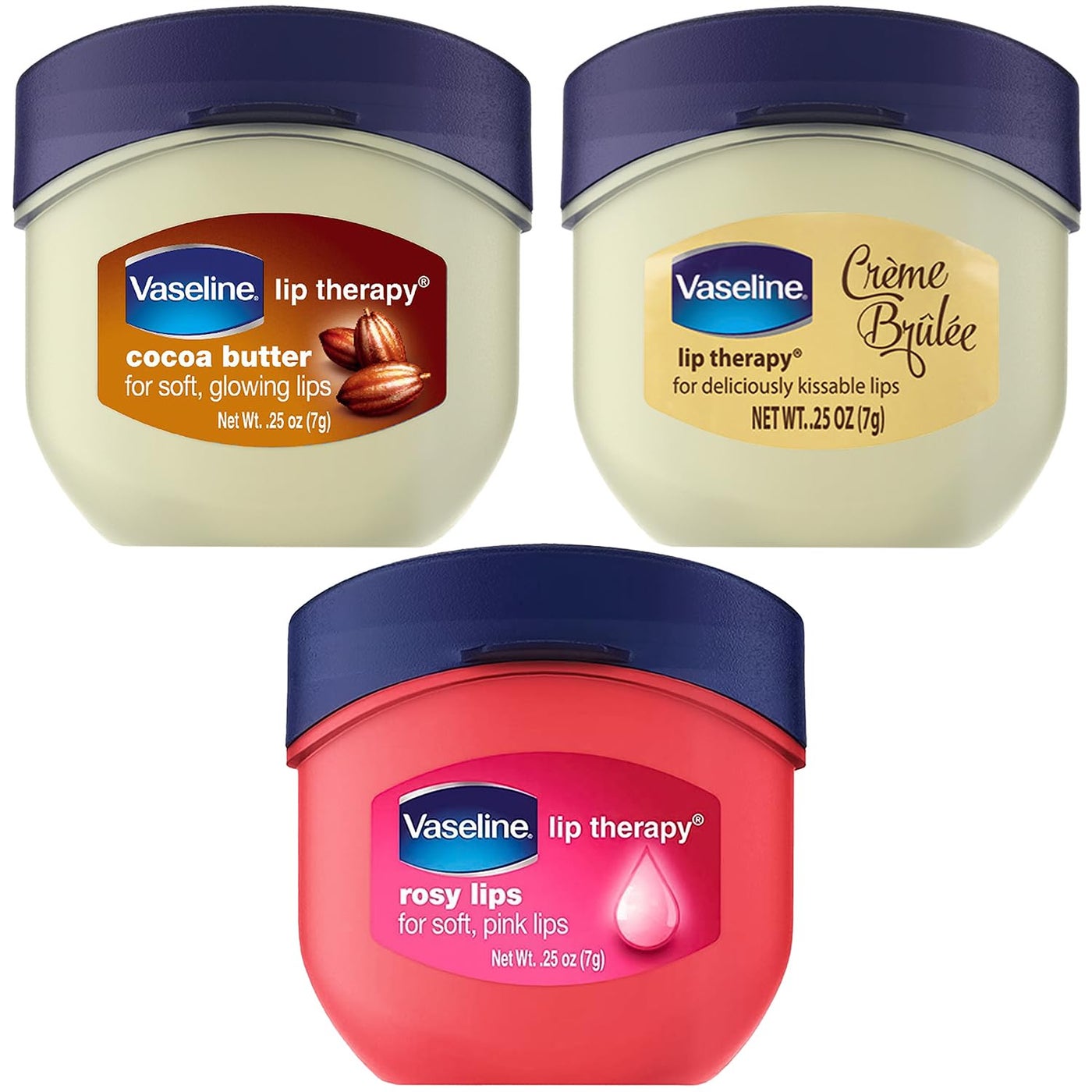 Vaseline Lip Therapy Variety 3-Pack â€“ CrÃ¨me BrÃ»lÃ©e, Rosy Lips, Cocoa Butter Mini Lip Balms for Soft, Glowing, and Deliciously Kissable Lips, 0.25 Oz Ea