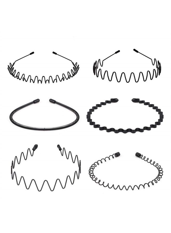 6PCS Metal Hair Bands, Spring Wavy Hoop Unisex Black Headband Slicked Back Non Slip Sports Hairband for Women Men