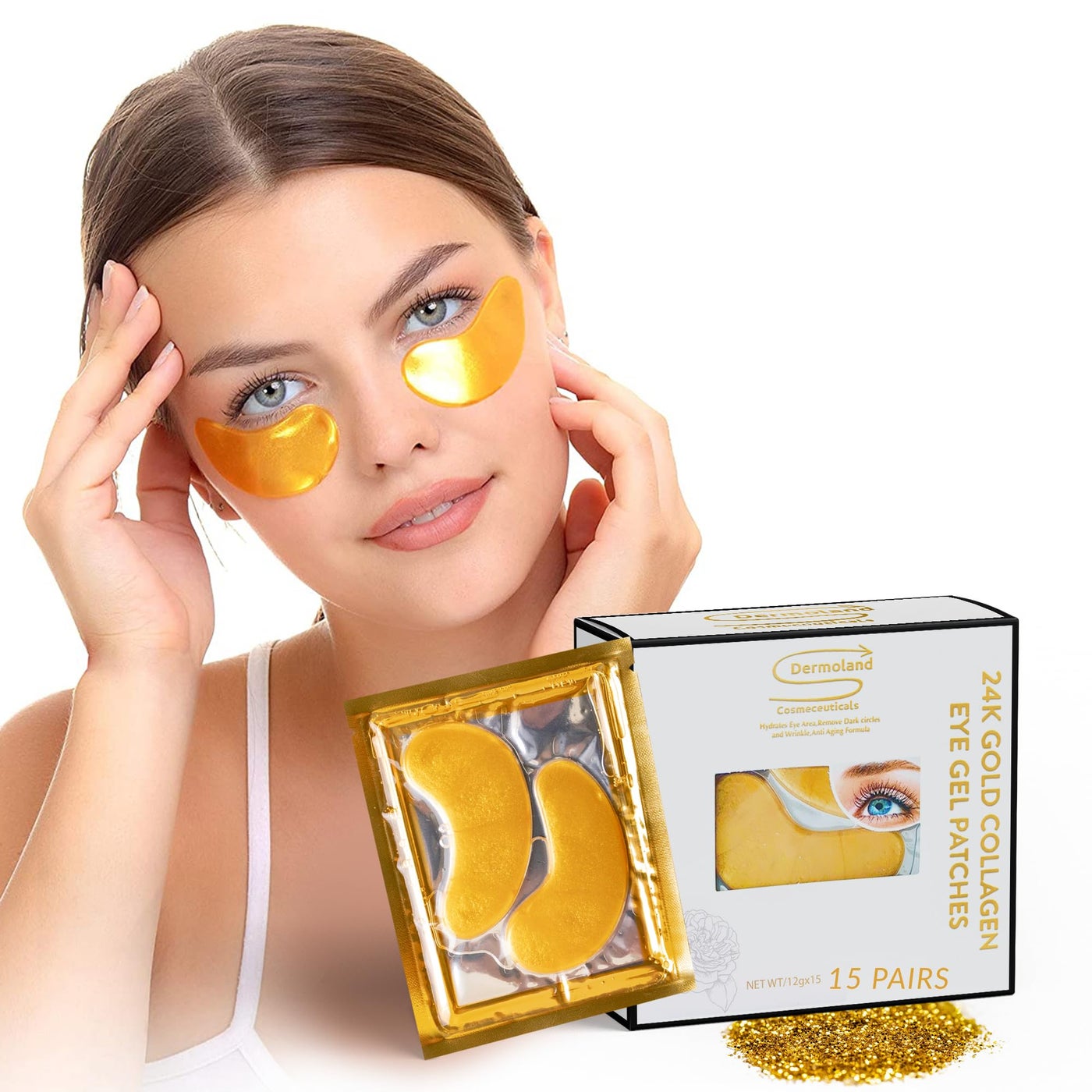 Dermoland Under Eye Patches For Women â€“ 24K Gold Eye Masks, 15 Pairs | Hyaluronic Acid | Reduces Puffiness, Dark Circles & Wrinkles | Vegan & Hydrating