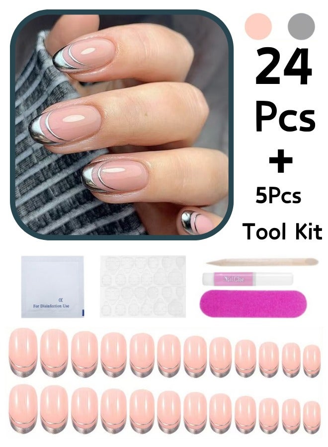 24Pcs False Nails+5 Pcs Tool Kit Impress Press-On False Nails Silver