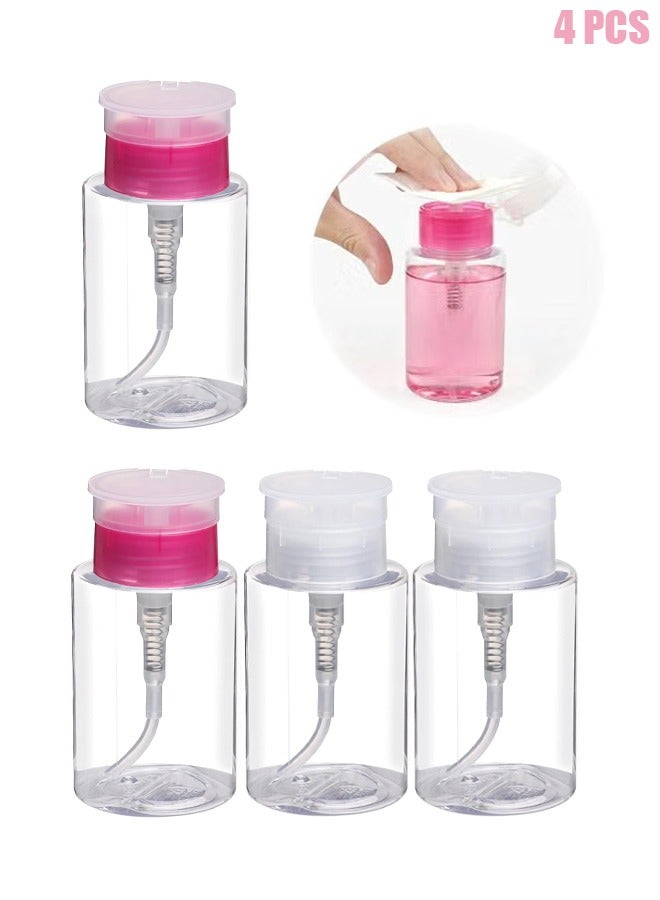 Pack of 4 Nail Polish Remover Pump Empty Dispenser Bottle for Alcohol, Acetone, Nail Polish and Makeup Remover, 180ml( Clear,Hotpink Top Cap)