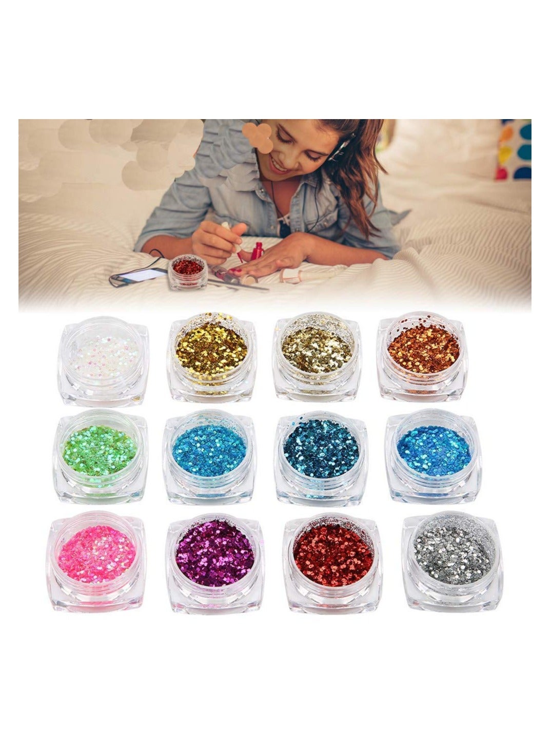 12 Colors Nail Art Glitter, Nail Glitter Sequins Nail Sequin Nail Sticker DIY Nails Decoration Cosmetic Festival Glitter Face Hair Decorative Sticker Glitter Nail Glitter Sequins Nail Sequin Sticker