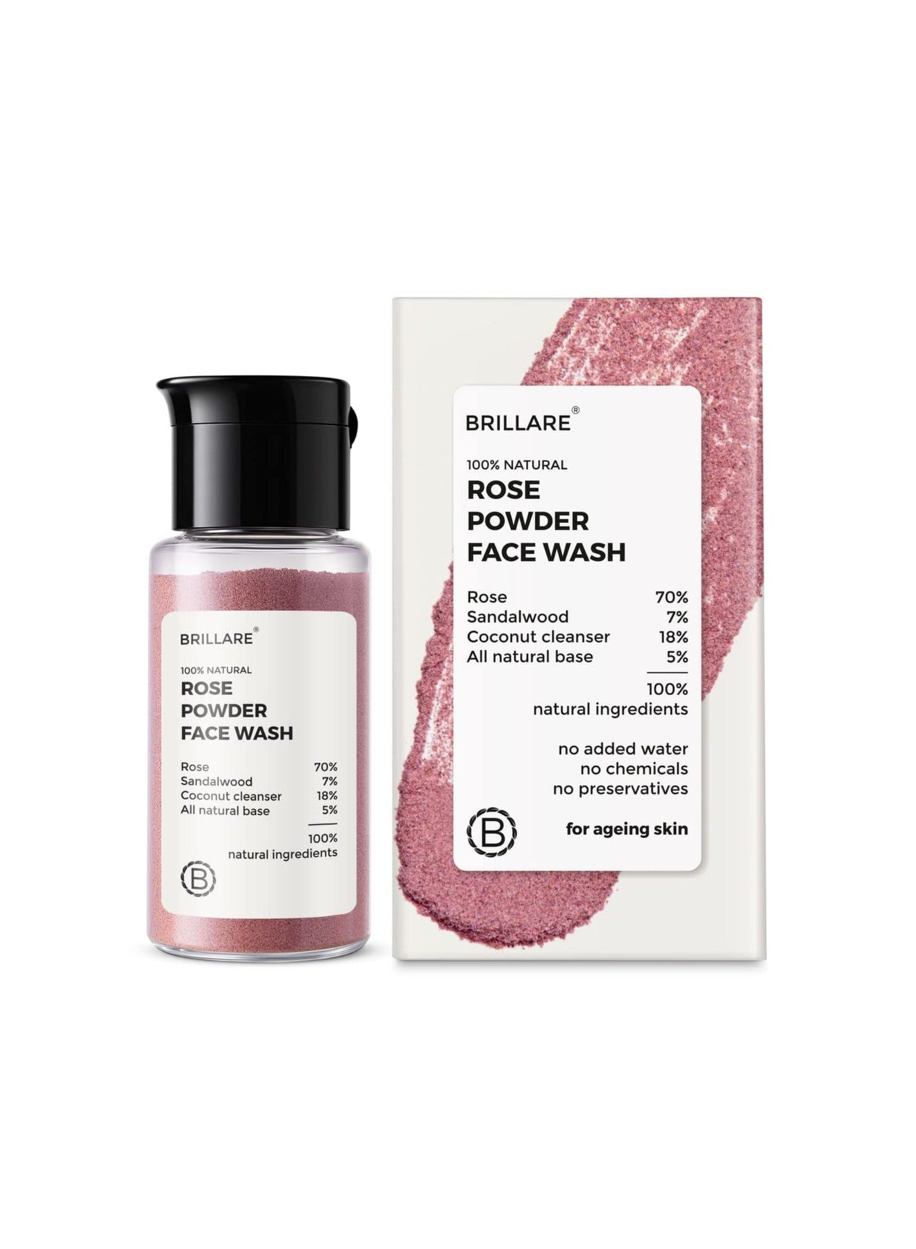 Brillare Rose Face Wash, Anti Ageing Skin, Sandalwood & Coconut Face Wash for Hydration, Reduce Wrinkles & Provides Supple Look, 100% Natural Powder Face Wash, 15g