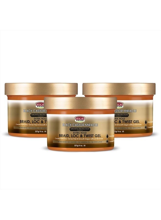 Black Castor Miracle Extra Hold Braid, Loc, Twist Gel - Tames Frizz & Edges, No Parabens, No Sulfates, No Mineral Oil, No Petrolatum, Contains Black Castor & Coconut Oil, 8 oz (3 Pack)
