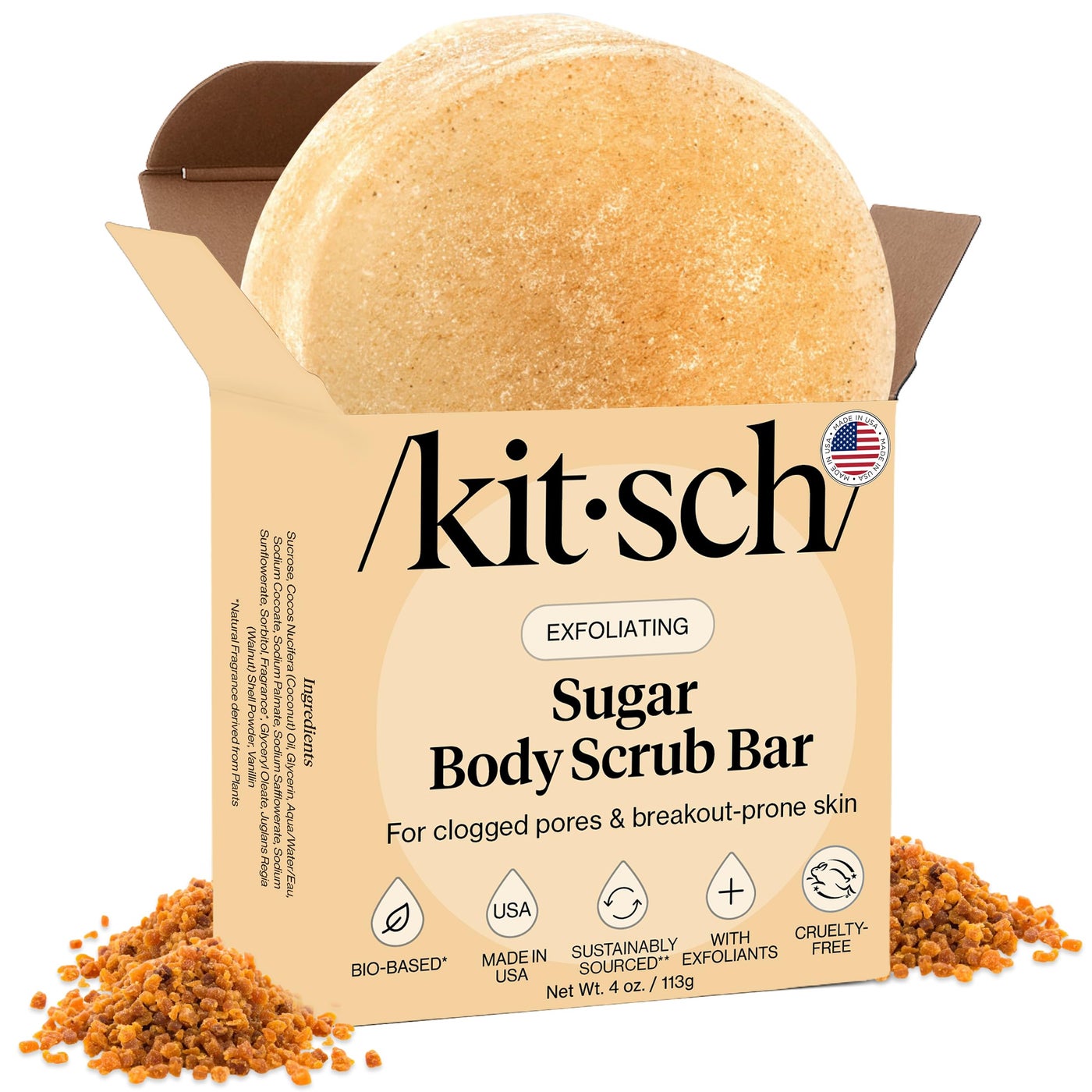 Kitsch Exfoliating Sugar Scrub for Body â€“ All Natural Body Scrub Bar Soap for Smooth, Hydrated & Glowing Skin - Vegan Soap Bar Exfoliator for Men and Women - Made in the USA - 4 oz