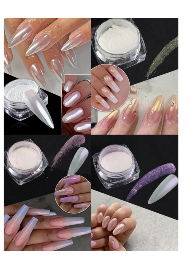 4 Colors Chrome Nail Powder Metallic Mirror Effect Pigment Chrome Iridescent Pearl Mica Powder Mirror Laser Aurora Nail Powder Aurora Powder for Nail Art For Salon DIY Nail Art Supplies