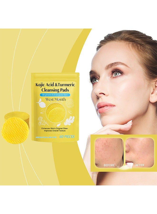 Kojic Acid & Turmeric Cleansing Pads, Deep Cleansing Turmeric Cleansing Pads, Enhances Skin's Natural Glow, Improves Overall Texture (60 Pieces)
