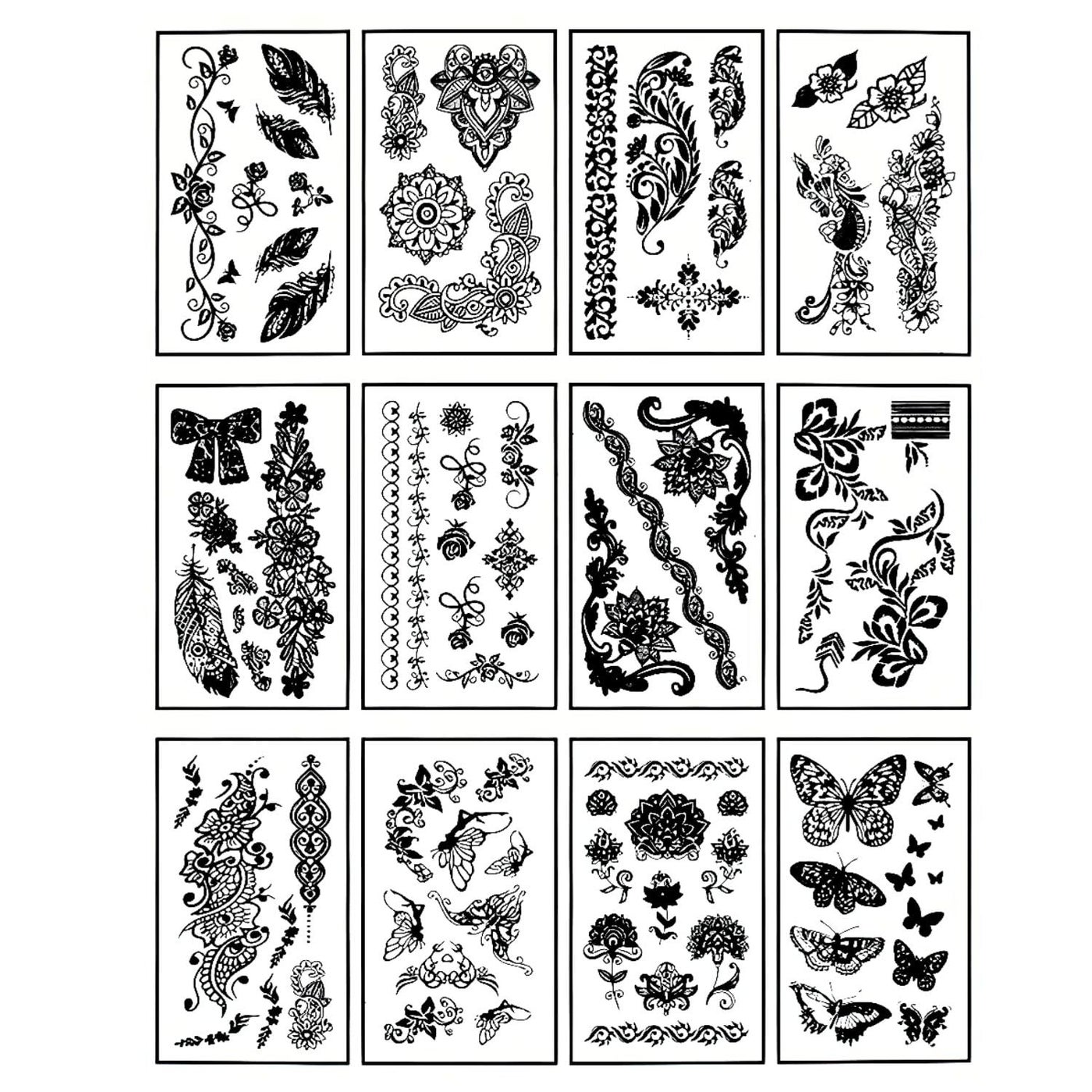 12 Sheets Temporary Self Adhesive Transfer Arabic Arabian Tattoo Tattoos Stickers Black Waterproof Sticker Islamic Muslim Islam Body Henna Word Ramadan Eid Stencils Stencil Temples Body Art Designs