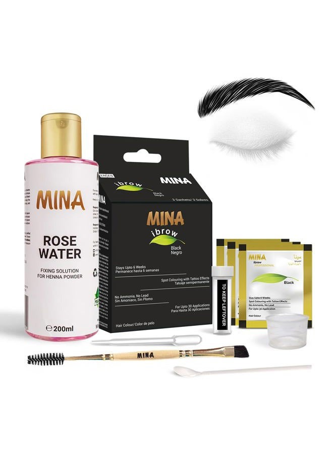 Black Natural Tinting Powder with Rose Water & Duo Angled Brush | Smudge-Proof Instant Brow Dye for 100% Gray Coverage