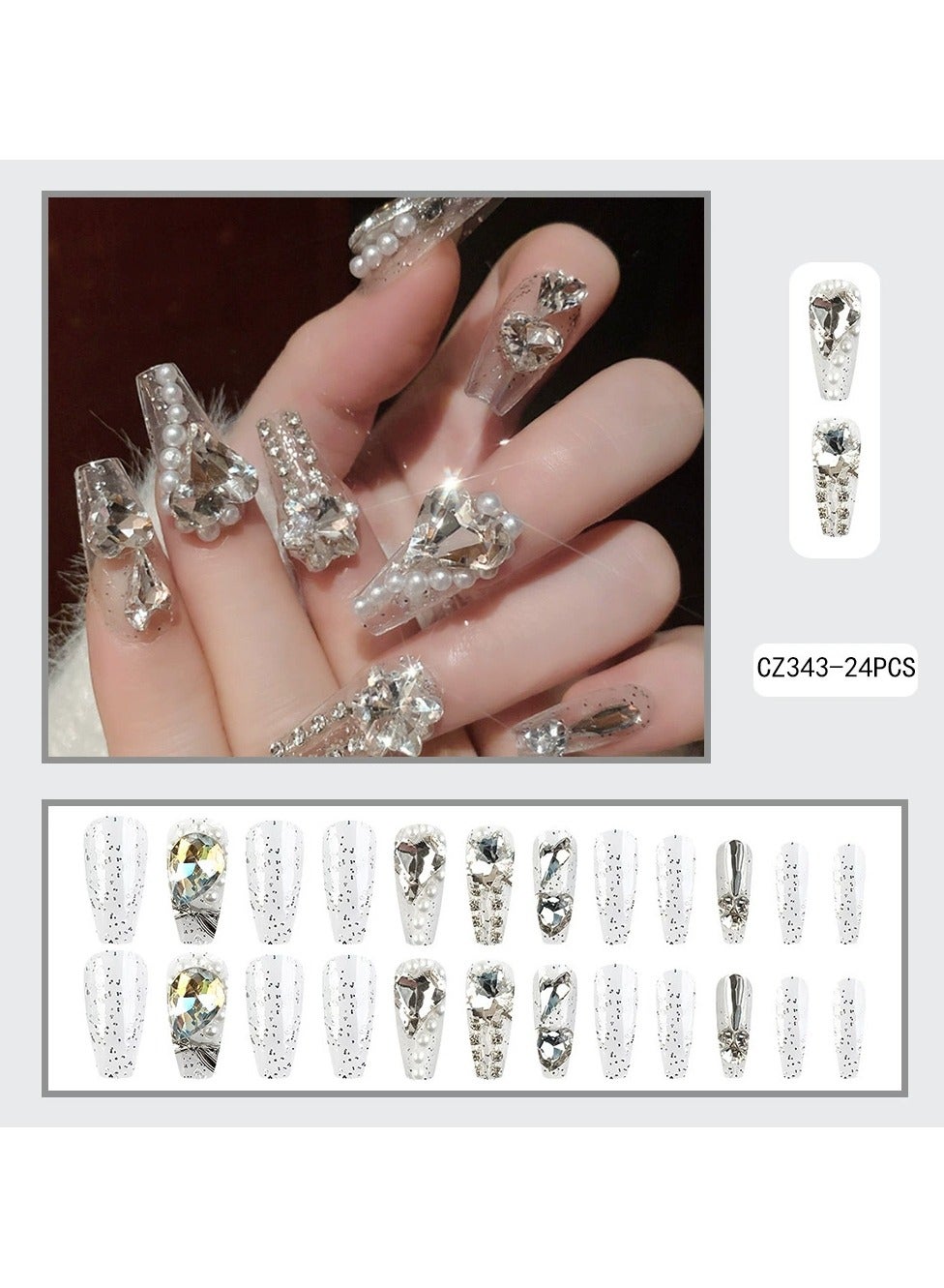 Handmade Luxury Press On Nails – Heart Snowflake Glass Crystal Fake Nail Tips INS Style White Enhancing Nail Art, 30pcs Reusable