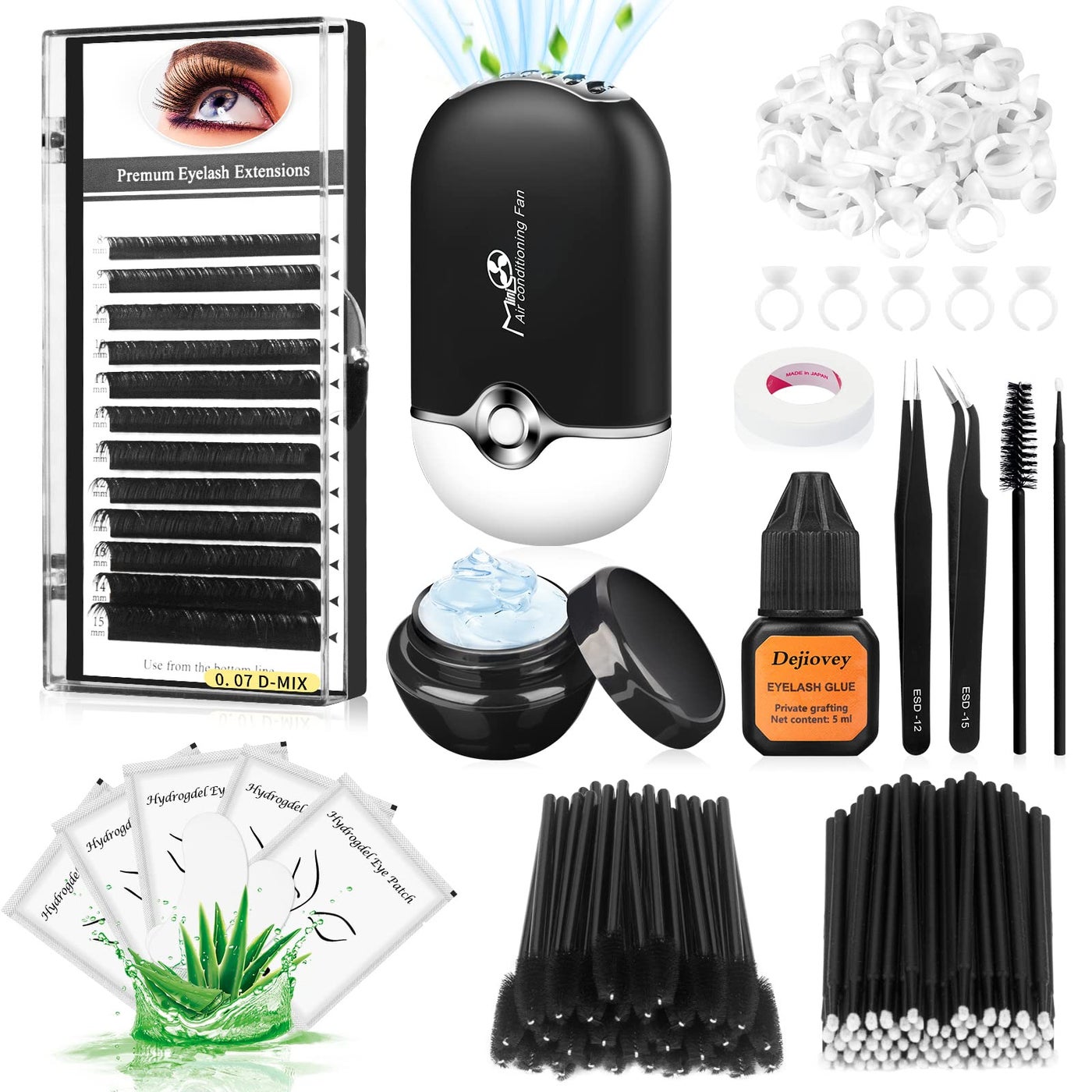 Dejiovey Eyelash Extension Kit - Individual Lash Extensions Supplies with 0.07D Curl Mix 8-15mm, Glue, Remover, USB Lash Fan, Tweezers, Eye Gel Pads, Micro Brushes, Mascara Brushes