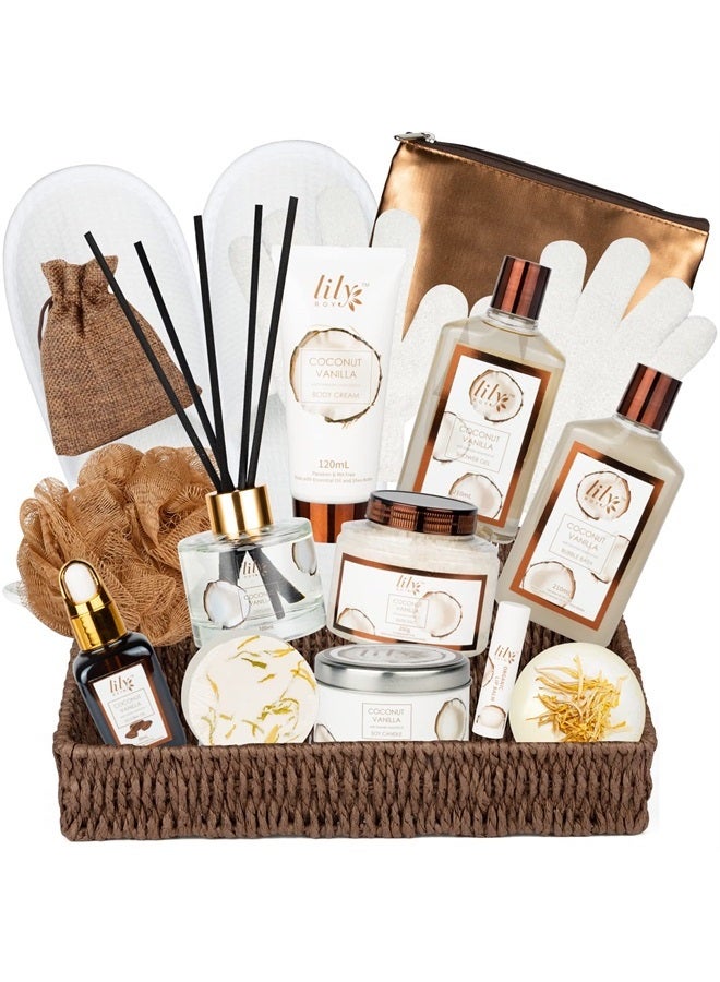 Coconut Vanilla Spa Bath Gift Set for Women, Luxury Bath and Body Gift Basket For Women and Men, 17pcs Spa Gift Baskets Set for Women Luxury Bath and Body Gift Basket For Women and Men Spa Kit with Sh