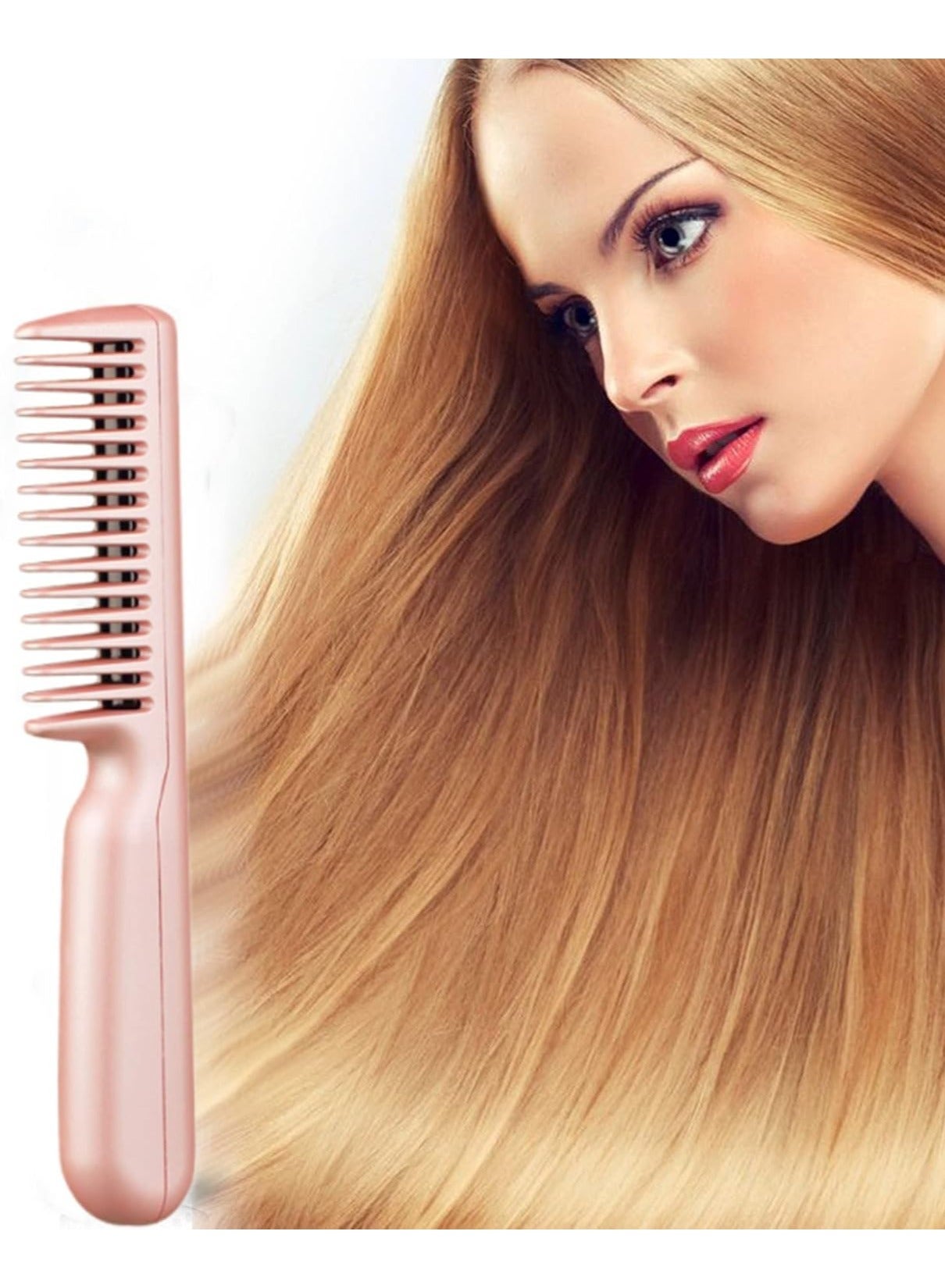 Hair Straightener, Professional Electric Heat Comb Ceramic for Hair Styling, USB rechargeable Fast Heating Hair Straightening Comb, for All Hair Types, Mini Portable Heated Comb (Pink)