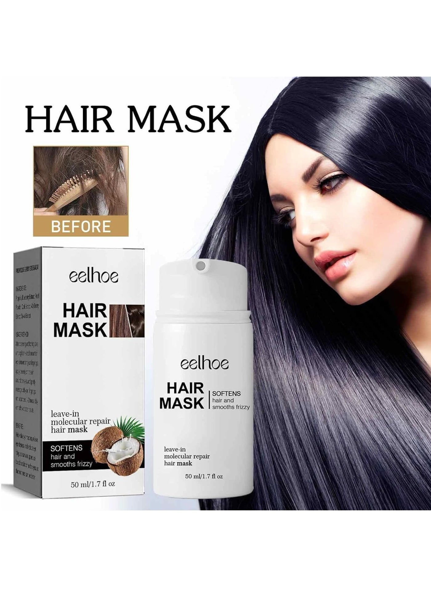 Coconut mask 50 ml, suitable for dry and lifeless hair, improves moisture, repairs damage caused by dyeing and bending, leaves hair soft, smooth and shiny, and promotes hair growth.