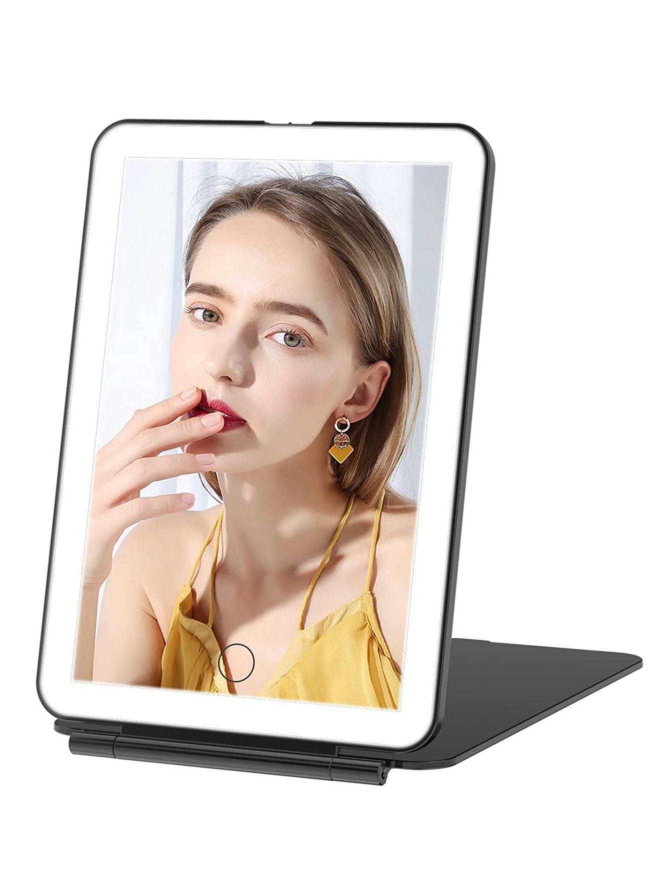 Rechargeable Travel Makeup Vanity Mirror with 72 Led Lights, Portable Lighted Makeup Beauty Mirror, 3 Color Lighting, Dimmable Touch Screen, Tabletop LED Folding Cosmetic Mirror with Lights