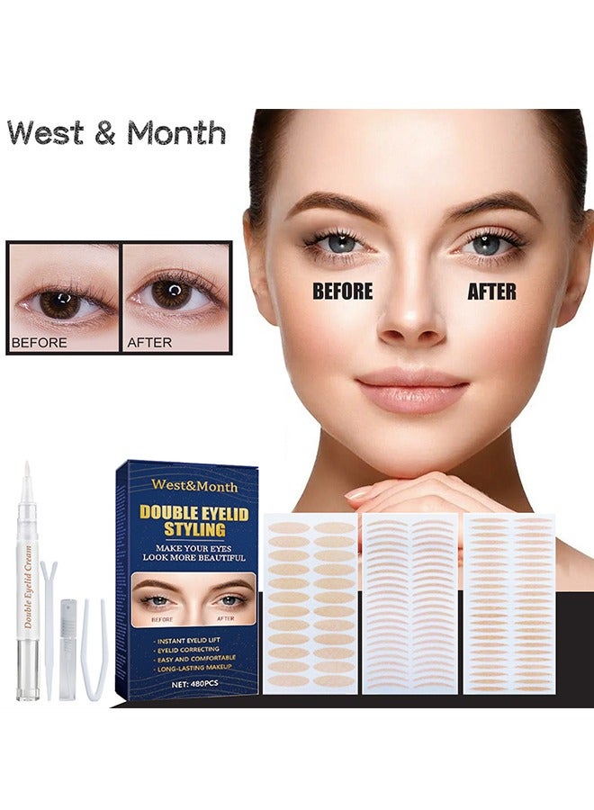 Eyelid Tape for Hooded Eyes Invisible, 480pcs Eyelid Lifter Strips, Waterproof Double Eyelid Strips,Instant Eyelid Lift for Heavy Saggy, Uneven,Hooded, Mono-eyelids, with Fork Rods and Tweezers