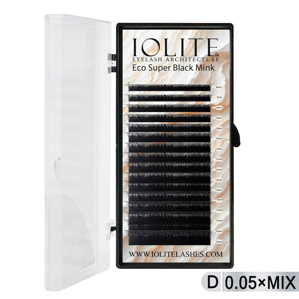 Iolite Super Black Mink Lash Extension – D Curl 0.5T Mix (6mm–15mm) | Premium Black Mink Eyelash Extension Tray for Lash Artists ISBMD5T