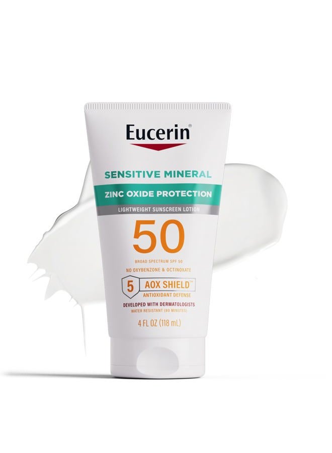 Sun Sensitive Mineral Sunscreen Lotion SPF 50 with Zinc Oxide Protection, Hypoallergenic Sunscreen for Sensitive Skin, Oxybenzone and Octinoxate Free, 4 Fl Oz Tube