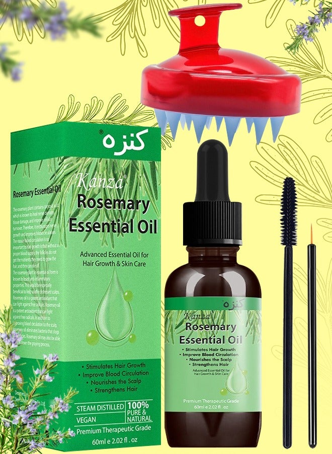 60ml Rosemary Essential Oil with Hair Scalp Massager Brush Hair Growth Serum Scalp and Hair Strengthening Oil Hair Growth and Treatment Pure Organic Rosemary Oil for Hair Growth Scalp Oil