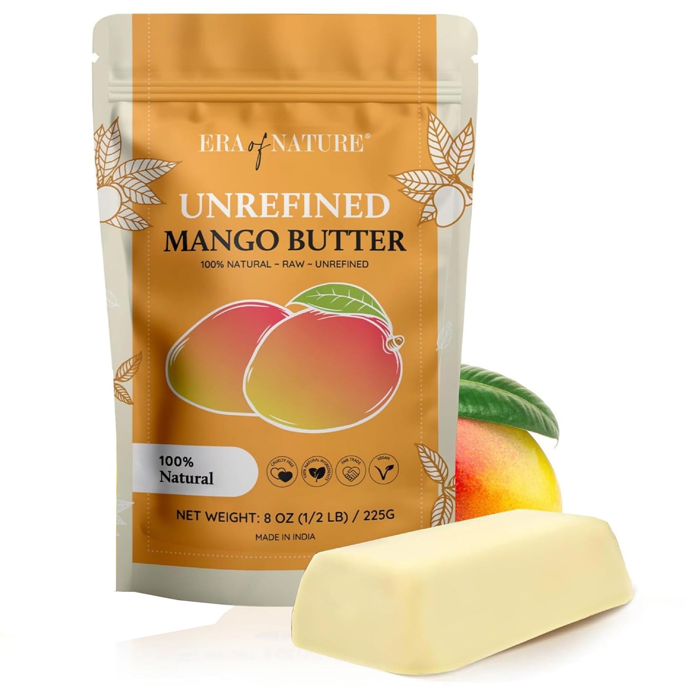 era of nature Organic Unrefined Raw Mango Body Butter Block 8oz - Moisturizing Mango Seed Raw Butter Bar for Skin & Hair, DIY Lip Balm Base, Cream, Soap & Lotion Making Supplies Kit, Personal Skincare