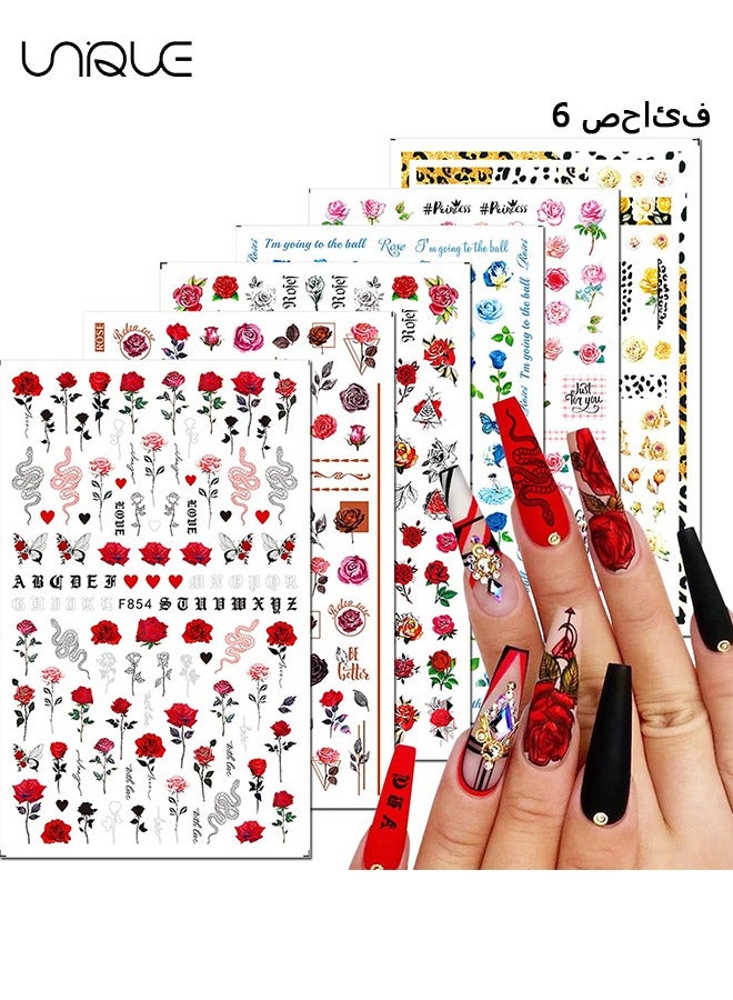 6  Sheets Rose Nail Art Stickers, 3D Blue Pink Red Rose Nail Appliqués, Snake Leaf Butterfly Floral Nail Design Appliqué Nail Decoration