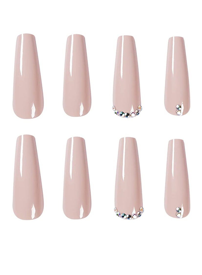 24 Pieces Extra Long Fake Nails, Coffin False Nails, Glossy Full Cover Press On Nails, Bling Rhinestone Artificial False Nail Tips For Women And Girls Pink