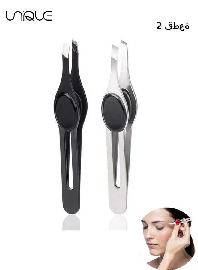 2 PCS Professional Non-Slip Grip Tip Eyebrow Tweezers, Stainless Steel Precision Pointed Blackhead Splinter Removal Tool, for Eyebrow Shaping and Tweezing Facial and Body Hair (Black, Silver)