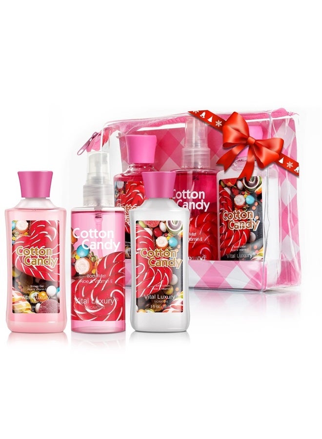 Bath & Body Care Travel Set - Home Spa Set with Body Lotion, Shower Gel and Fragrance Mist (Cotton Candy)