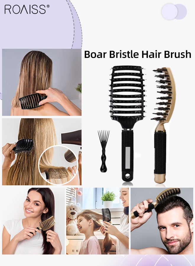 Boar Bristle Hair Brush 2 Pack Set Dry/Wet Hair Brush Detangler for Fine, Thick, Curly Hair Curved and Vented Hair Brush for Women, Men with Comb Cleaning Claw (Black and Gold)