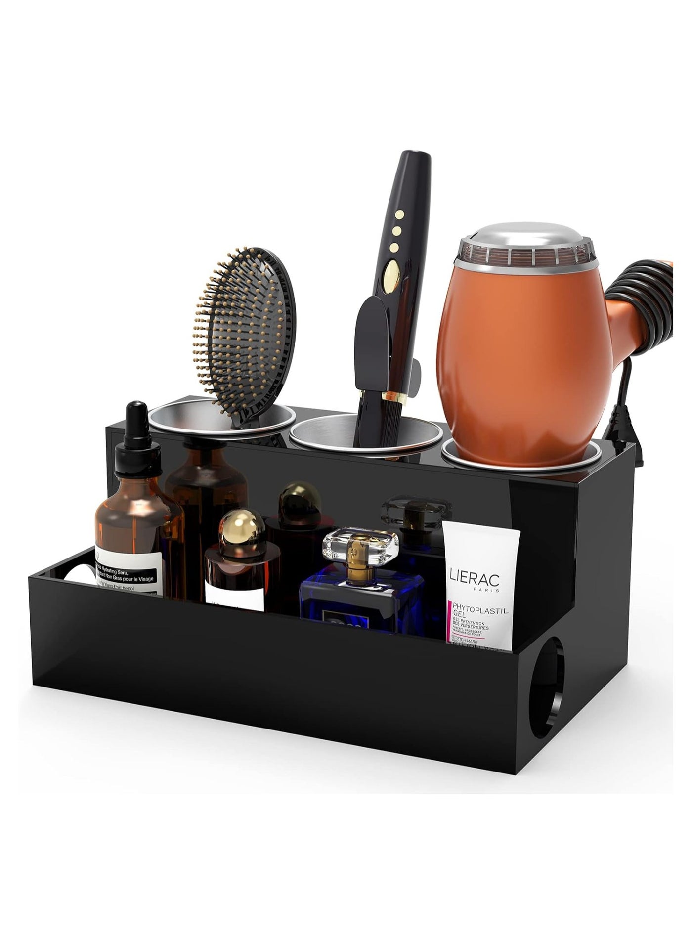 Hair Tool Organizer, Acrylic Holder for Blow Dryer/Styling Tools/Flat Irons/Curling Irons/Vanity Storage, Black Modern Countertop Stand for Accessories, Home, Kitchen, Bathroom
