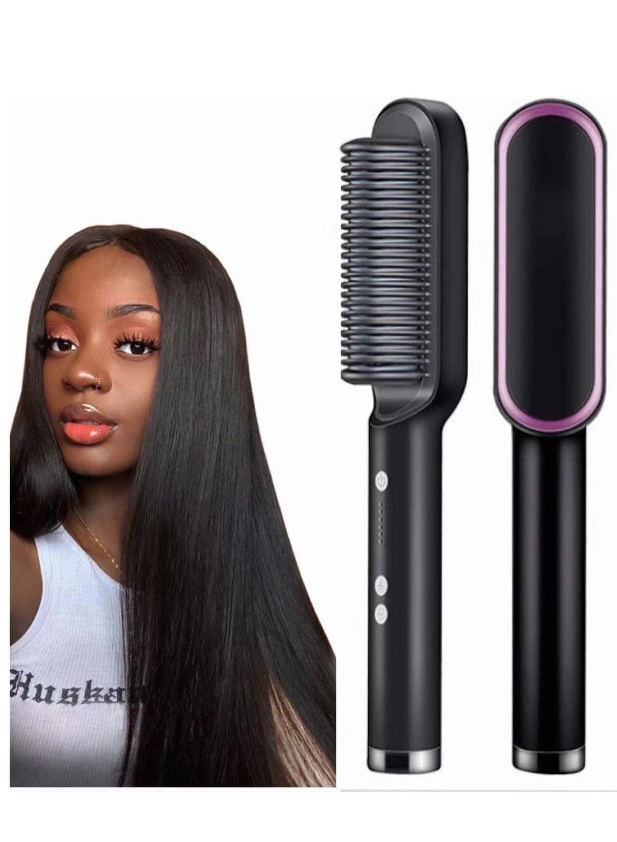 Hair straightener brush Electric Hot Comb Multifunctional Straight Hair Straightener Comb Negative Ion Anti-Scalding Styling Tool Straightening Brush (Black)