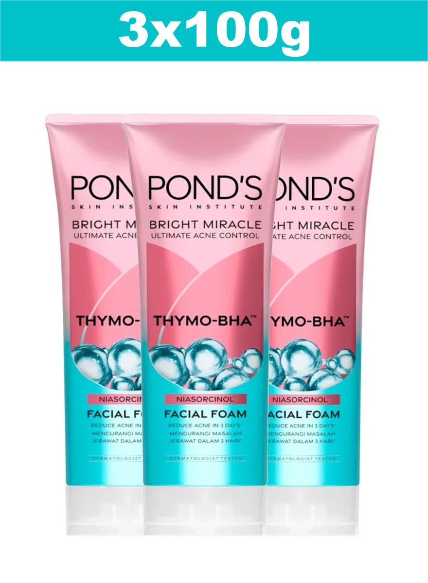 Bright Miracle Ultimate Acne Conrol Thymo-BHA (Niasorcinol) Facial Foam Reduces Acne in 3 Days 100g x 3