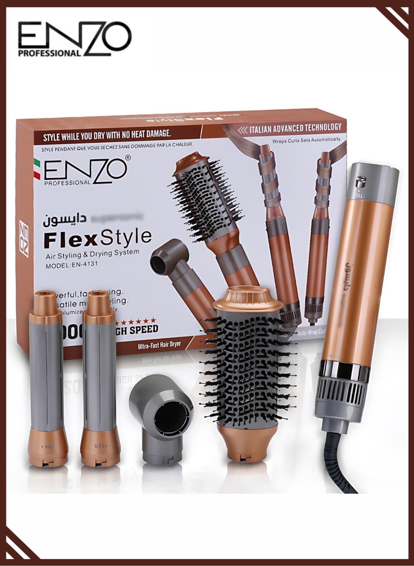 ENZO 4-in-1 Hot Air Brush Set – Hair Dryer, Curler, Straightener & Volumizer with Interchangeable Heads for All Hair Types