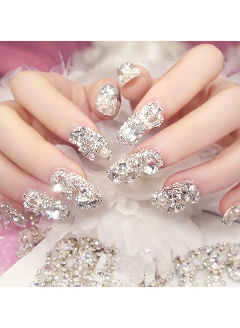 24pc Chic Silver Glitter & Rhinestone Almond Press-On Nails | Glossy, Medium Length, Elegant Strobe Finish for Lasting Style