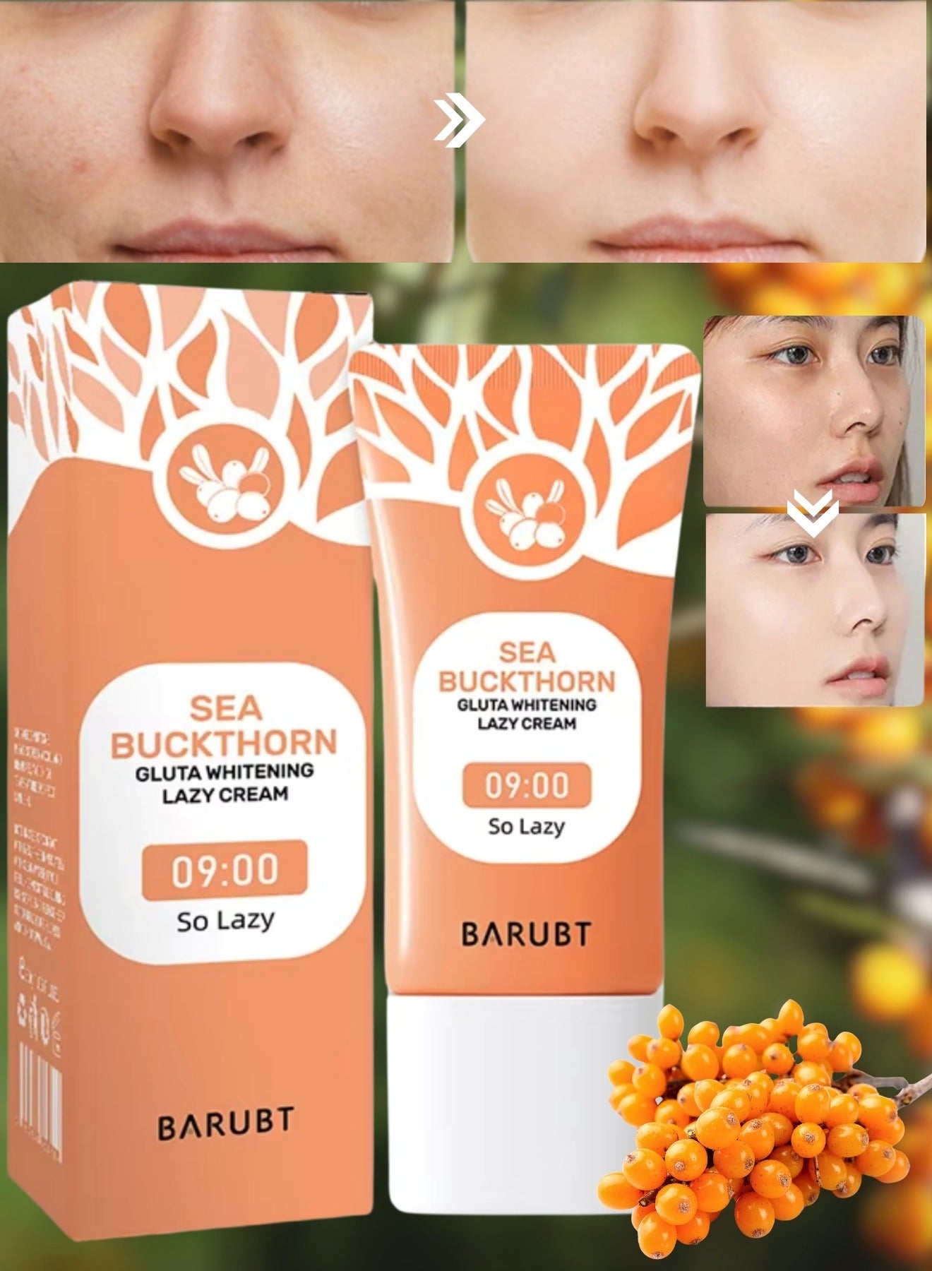 Sea Buckthorn Gluta Whitening Lazy Cream 30G Brighten Cover Blemishes Refreshing Non Sticky Brightening Lazy Cream Brighter and Whiter Face and Skin Gel Anti Aging Dark Spot Remover Moisturizer Tone Up Cream