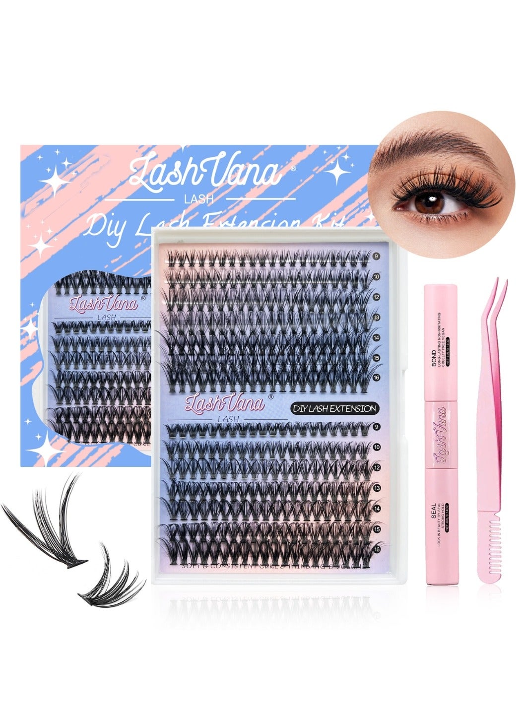 280Pcs Lash Clusters Lash Extension Kit with Bond and Seal Glue and Tweezer 30D 40D DIY Clusters Lashes D Curl Individual Lash Cluster 9-16mm Mixed False Eyelash