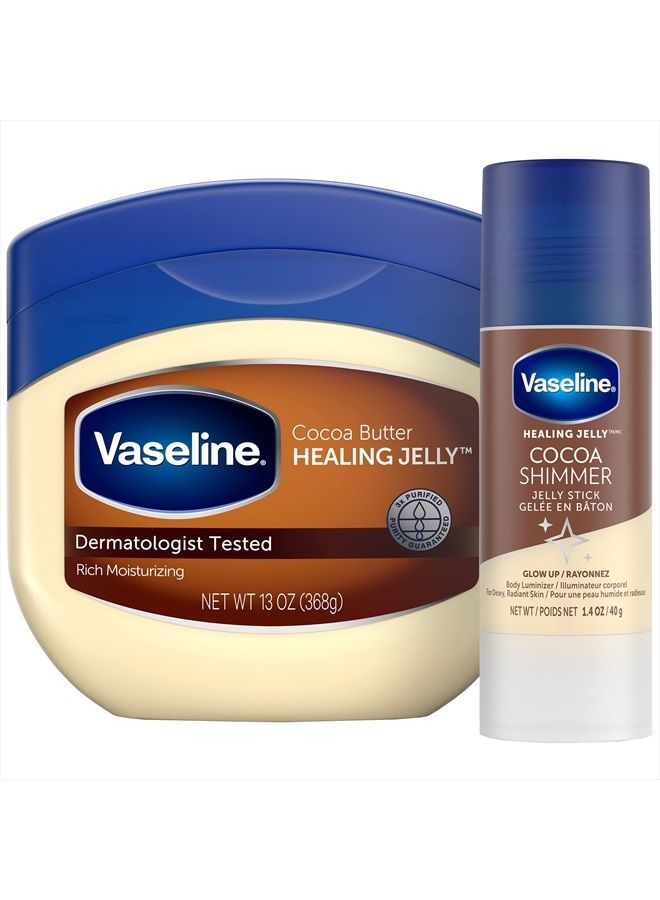 Rich Moisturizing Healing Jelly Cocoa Butter, 13 oz Bundled with Cocoa Shimmer Jelly Stick, 1.4 oz. Provides Radiant and Shimmering Moisturized Skin with Pleasant Cocoa Butter Scent