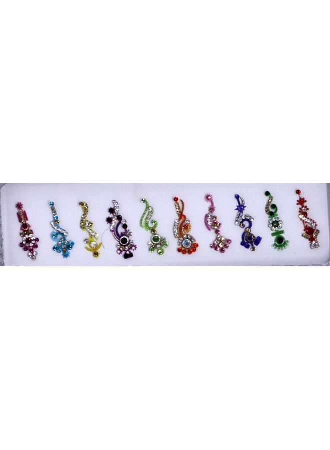 10 Long Bollywood Designer Bindis Premium Crystal Jewels Mettallic Bindi Stickers Tattoos Forehead Tika